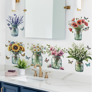清新植物盆栽花瓶向日葵小白花蝴蝶玻璃窗户装饰自粘墙壁贴画墙纸