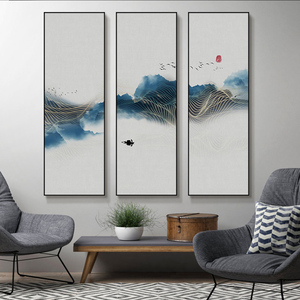 新中式装饰画客厅沙发背景墙长条竖条屏挂画山水画水墨画线条蓝色
