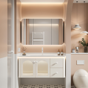 轻法式奶油风智能镜浴室柜组合一体陶瓷盆简约现代卫浴柜洗手盆