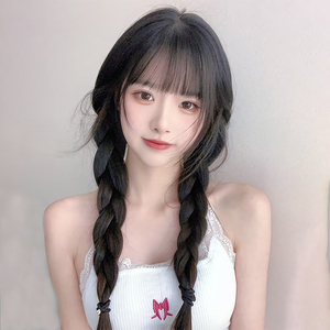 美宿假发女长发双马尾麻花辫子空气刘海长直发可扎全头套式假发套