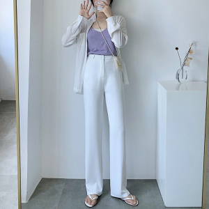 白色冰丝西装裤女夏薄款高腰垂感直筒宽松显瘦小个子拖地阔腿长裤