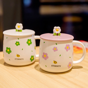 陶瓷杯家用儿童女孩水杯办公室带盖勺子茶杯精致好看喝水马克杯子