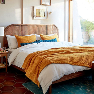 浮愫中古/床 东南亚实木编藤床mcm卧室创意双人床 民宿复古床