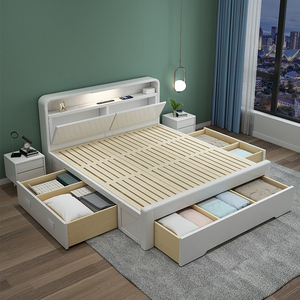 白色加宽实木床2米x2米大床2.2米200×220主卧双人收纳高箱储物床