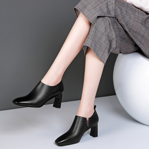 春秋款真皮高跟鞋女士粗跟单鞋方头拉链及踝皮鞋职场休闲牛皮女鞋