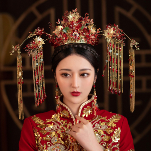 新娘红色中式秀禾结婚头饰古典长流苏琉璃花凤冠古代婚礼发饰璐怡
