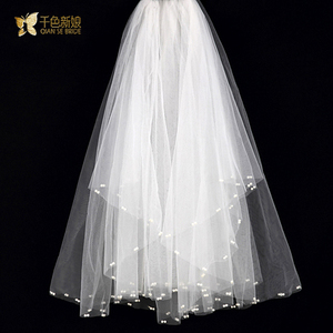 千色 新娘头纱韩式2022新款短款婚纱超长白色珍珠多层结婚幻月