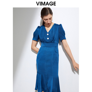VIMAGE纬漫纪夏季优雅复古法式V领显瘦泡泡袖包臀连衣裙