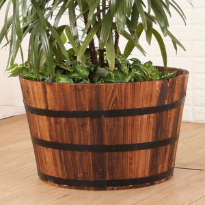 庭院室外圆形木花盆碳化防腐木质花盆花槽花池花箱实木桶造型装饰
