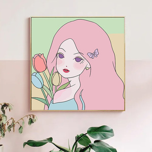 郁金香女孩手工填充数字油画diy定制卡通手绘丙烯颜料油彩画挂画