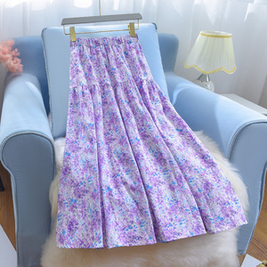 复古高腰雪纺碎花半身裙女夏季新款蛋糕裙拼接中长款a字大摆长裙