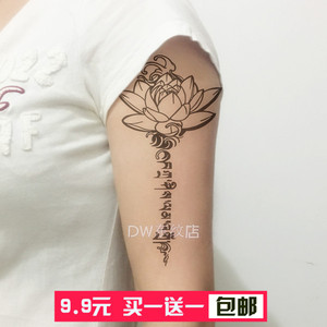 莲花梵文纹身贴持久耐磨防水防汗花臂黑白图腾佛教仿真逼真刺青贴