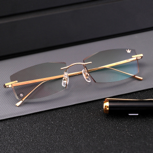 万金宝无框切边眼镜纯钛金色超轻近视眼镜框w046