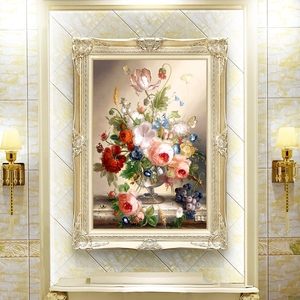 玄关装饰画竖版花卉入户挂壁画简欧客厅欧式高档手工立体工艺油画