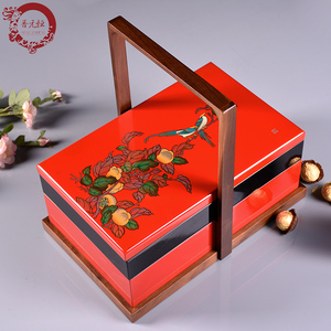 晋元恒中式仿古食盒送餐盒多层漆器手提盒彩绘木质提篮中秋月饼盒