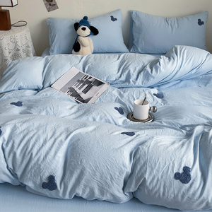 夏季水洗棉四件套床上用品迪士尼米奇蓝被套非全棉纯棉床单三件套