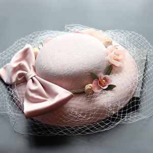 韩式粉色麻纱遮面大礼帽新娘头饰大蝴蝶结花朵帽饰宴会晚礼服帽子