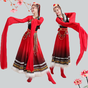 新款藏族舞蹈演出服装少数民族藏裙广场舞大摆裙水袖艺考表演套装