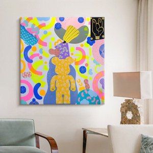 小众纯手绘卡通涂鸦油画客厅玄关装饰画儿童房卧室方形无框挂画