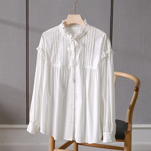 2023春秋新款韩版木耳边小立领白色长袖衬衫女显瘦设计感衬衣上衣