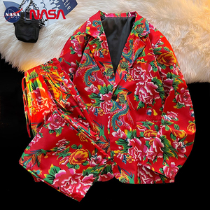 NASA联名东北大花西服套装春秋季网红男女国潮风牡丹花夹克外套潮
