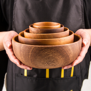 实木碗整木沙拉碗圆钵家用水果碗日式木质碗原木餐具纯色防摔碗