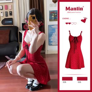 法式赫本风小红裙超好看红色波点吊带连衣裙子女夏季高级感公主裙