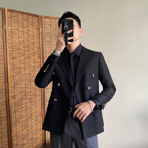 高级感黑色双排扣西装男士修身商务正装宴会外套韩版帅气立体西装