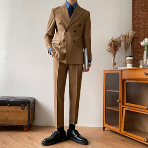 意式戗驳领西装套装男士修身优雅双排扣商务正装宴会高级时尚西服