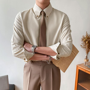 高级感大尖领衬衫绅士商务正装男士春季韩版修身潮流白色衬衣长袖