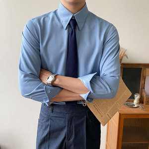 意式长尖领牛仔蓝色衬衫男长袖绅士商务正装韩版新款修身免烫衬衣