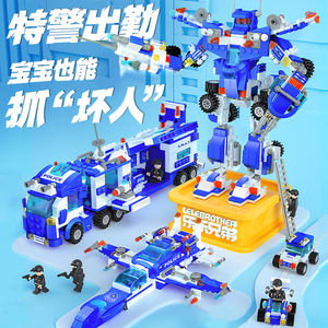 中国积木男孩益智拼装警察汽车玩具儿童小颗粒蓝鹰特警机器人拼图