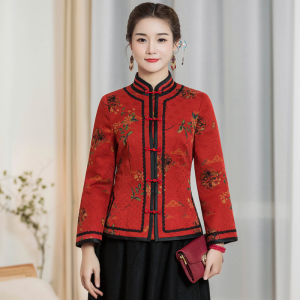 华族经典重缎花罗红云纱唐装女开衫小袄夹棉加厚盘扣旗袍上衣秋冬