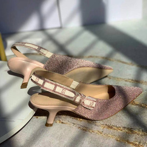 2021新款针织字母带刺绣猫跟高跟鞋蝴蝶结包头浅口后空平底凉鞋女