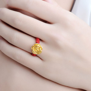 黄金玫瑰花红绳转运珠999足金戒指女款3d硬金编织指环本命年首饰