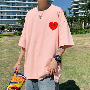 夏季chic港味炸街粉色短袖t恤男ins潮牌宽松5分半袖t桖上衣服百搭