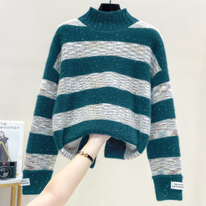 条纹半高领亮片雪尼尔毛衣女宽松长袖慵懒外穿针织衫秋冬新款上衣