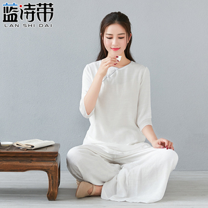 茶艺师服装女禅意女装棉麻两件套装复古中国风佛系居士衣服素衣