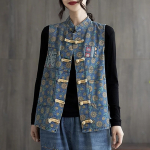 复古民族风印花无袖牛仔马甲女新款春秋季宽松盘扣休闲背心马夹女