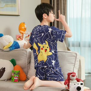 皮卡丘男童睡衣夏季薄款冰丝绸儿童夏天卡通中大童男孩空调家居服