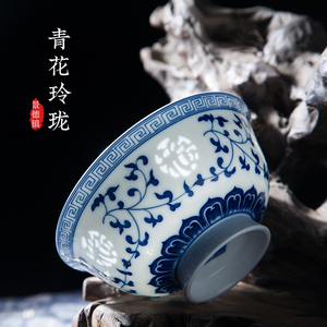 釉下彩碗米饭碗透光雕刻玲珑中式复古风景德镇青花家用高脚防烫