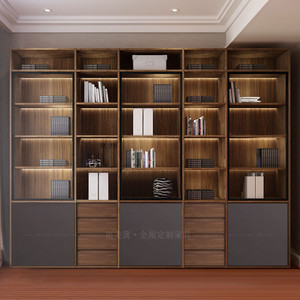 全屋定制黑胡桃实木组合书柜客厅书房原木家具带门整体满面墙书架