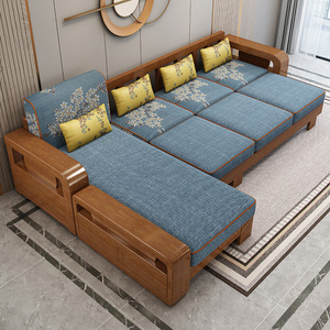 实木沙发床现代客厅简约小户型布艺多功能拉床伸缩床两用实木沙发
