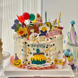 网红韩系蛋糕装饰摆件软陶樱桃蛋糕派对帽小熊气球生日插件插牌