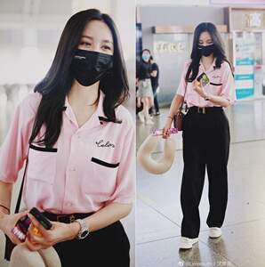 沈梦辰明星同款粉色短袖撞色衬衫时尚刺绣设计感小众衬衣宽松女夏