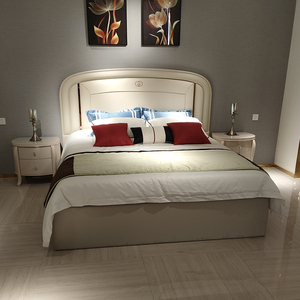 设计师现代简约轻奢真皮床半圆意式主卧小户型家具暖色灰实木ins