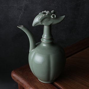 上林湖越窑青瓷凤头温酒壶烫酒壶陶瓷暖酒器仿宋作品礼盒装秘色瓷