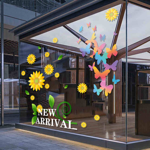 春天橱窗装饰玻璃贴纸植物蝴蝶桃花窗贴商场店铺场景布置静电贴画
