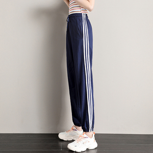 冰丝运动裤女夏季薄款宝蓝色高中学生校服裤子三杠宽松束脚灯笼裤
