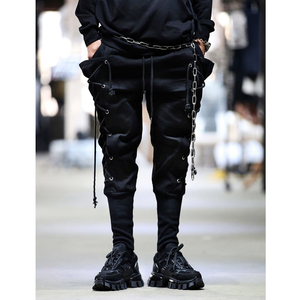 发型师裤子朋克歌手服暗黑侧边绑带大口袋哈伦裤男小脚修身束脚裤